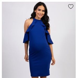 Blue Mock Neck Ruffle Trim Fitted Maternity Dress